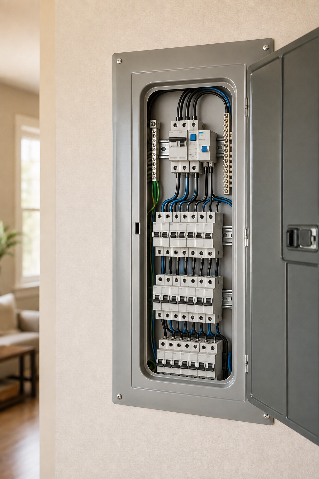 Quadro elétrico residencial organizado para avaliação técnica